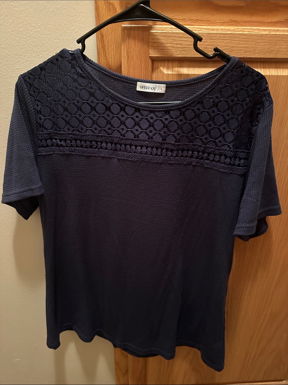 Offeefan Navy Short Sleeve Lace Yoke Tee